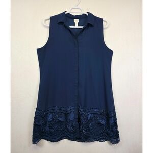 Chicos Dress Womens 3 XL/16 Blue Button Down Floral Lace‎ Flowy Shirt Tunic Mini